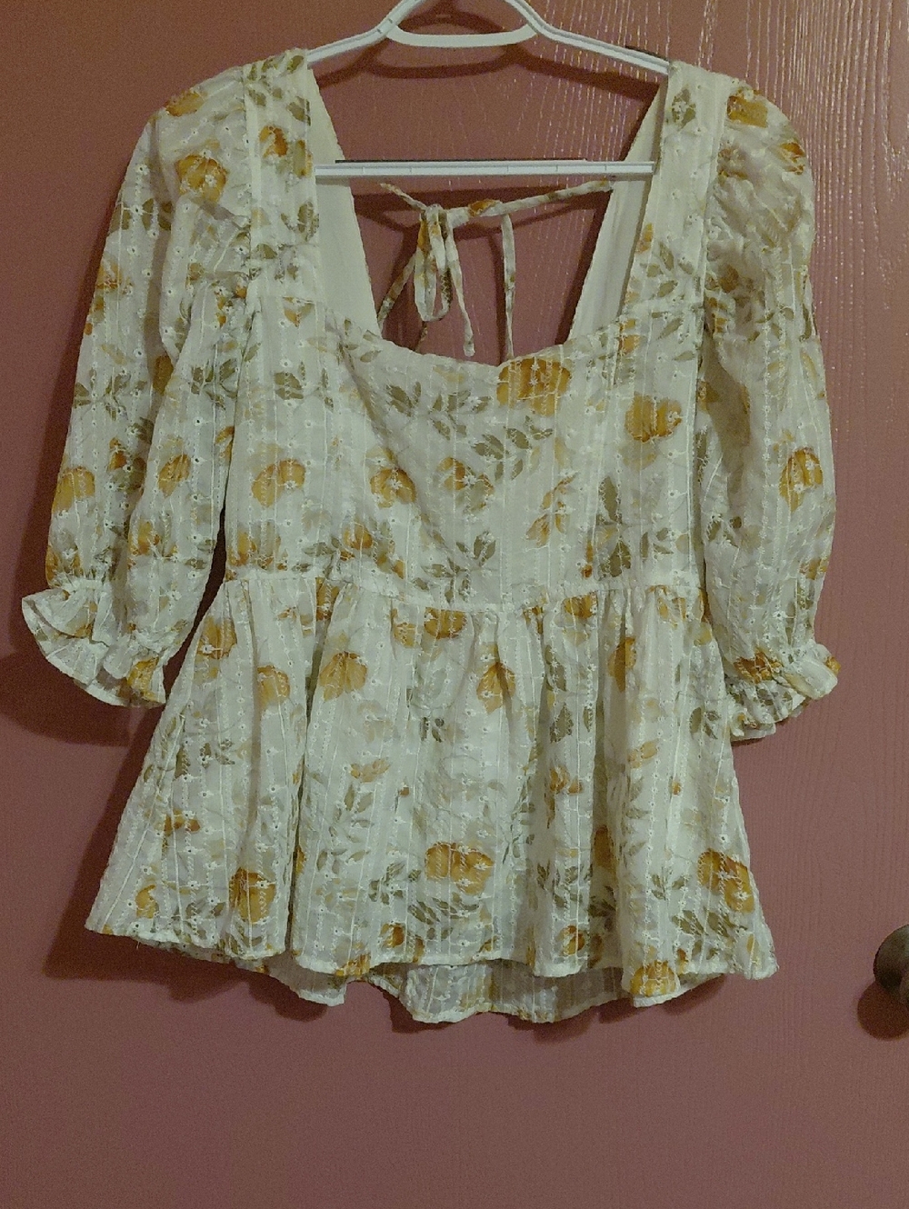 TALULAH Cream Eyelet Peplum Blouse with Mustard Floral